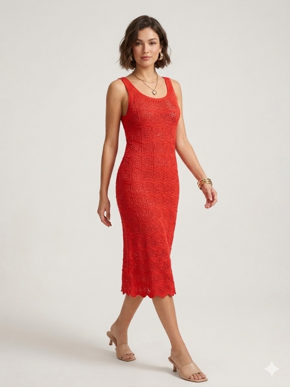 C&C California Red Crochet Knit Midi Dress Beach Cover Up Open Knit MEDIUM